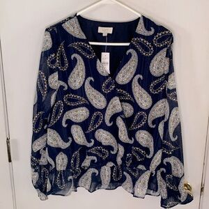 Loft navy surplice blouse with white brown paisley and metallic thread Size M
